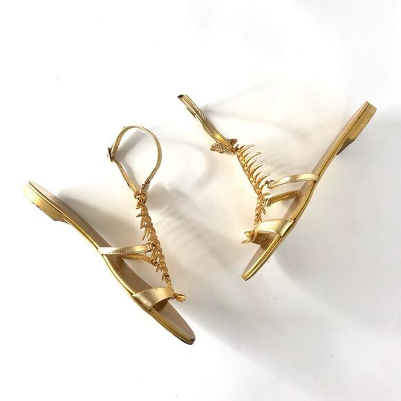 Giuseppe Zanotti Fishbone Gold Piranha Crystal Embellished Flat Sandals 37 - Picture 6 of 8